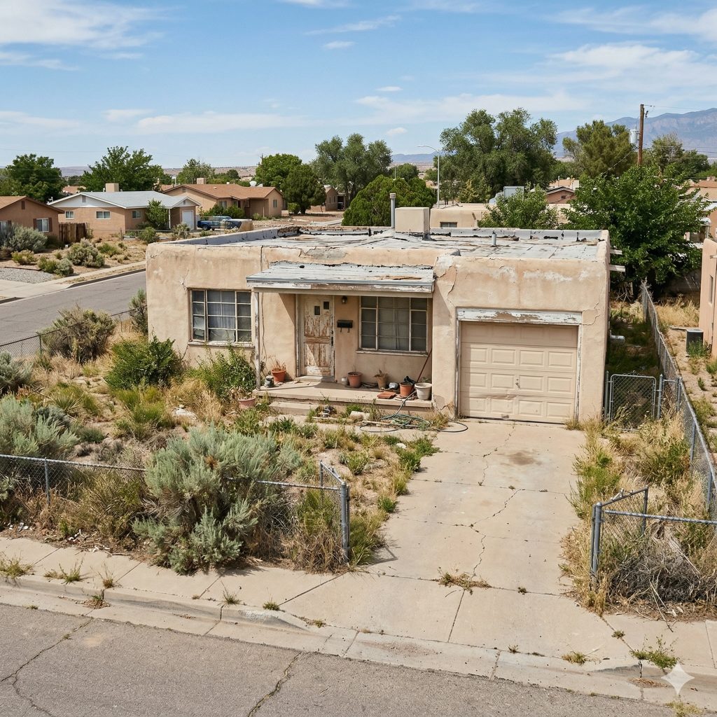 House in Albuquerque NM showing signs of financial distress and missed maintenance